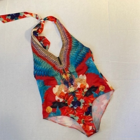 Colorful NWOT Peacock Feather Like Print Halter One Pc Swimsuit. D250/A370 - Picture 3 of 8